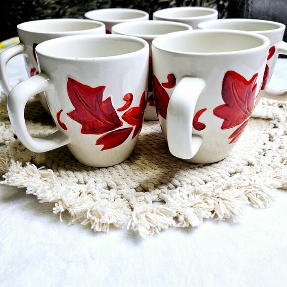 Pier 1 Imports Alexia Mug Fall Autumn Red Leaves Hand Painted Set of 7 White Red - Picture 4 of 9